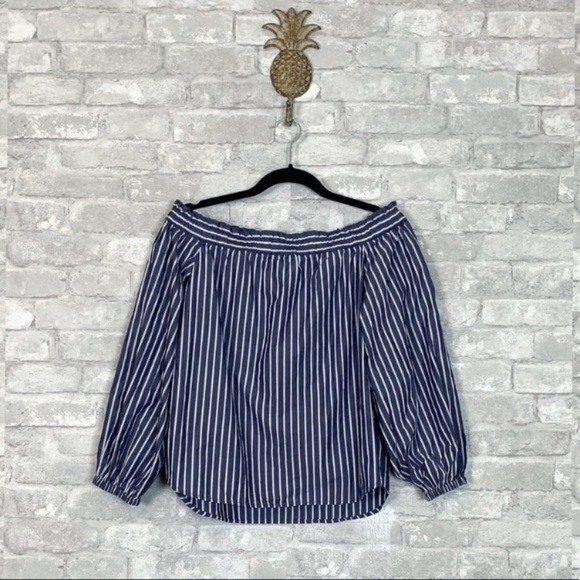 NWT J. Crew Striped Off Shoulder 3/4 Puff Sleeve Top In Blue & White - Picture 4 of 8